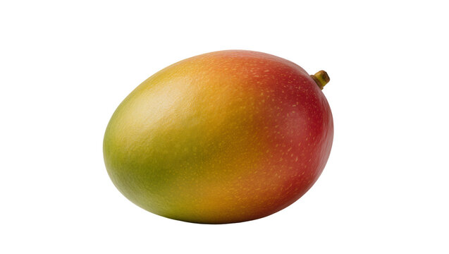 Ripe yellow-orange mango with a reddish-green stem, isolated on transparent background for tropical fruit marketing and healthy eating concepts
