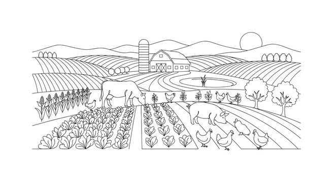 Regenerative Farm. Minimalistic one-line drawing diversified agriculture with multiple crops and animals, continuous single black line on white background,