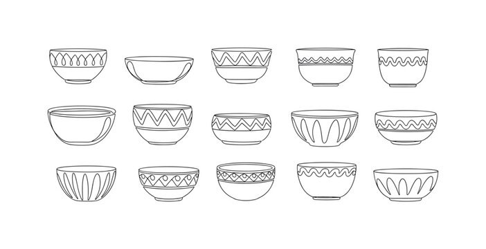 Bowls and Pots. Minimalistic one-line drawing collection of decorative ceramic items arranged neatly, continuous single black line on white background, simple