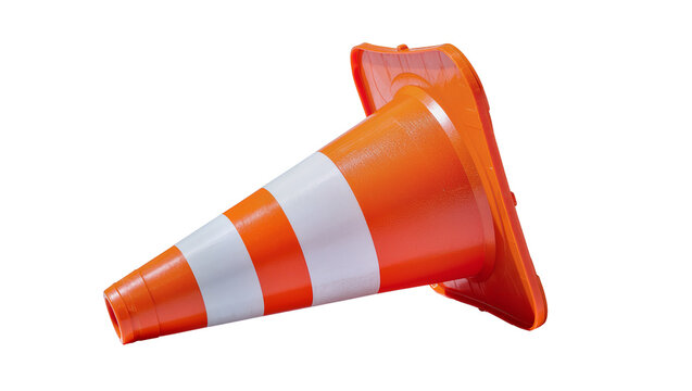 Bright orange plastic traffic cone with reflective silver stripes, isolated on transparent background for construction safety signage and warnings