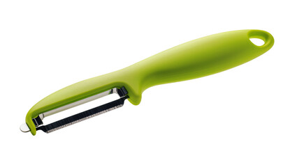 Obraz premium Ergonomic green plastic handled vegetable peeler with a stainless steel blade, isolated on transparent background for culinary design elements