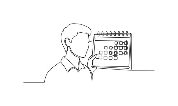 Subscription Concept. Minimalistic one-line drawing person observing calendar with recurring payments highlighted, continuous single black line on white