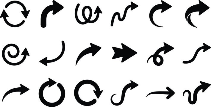 Curved arrow icon set with black directional, circular and turning arrows in clean bold style for navigation, infographics, workflow charts, presentations, web design and graphic layouts