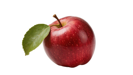 Ripe crimson apple with a short brown stem and vibrant green leaf, isolated on transparent...