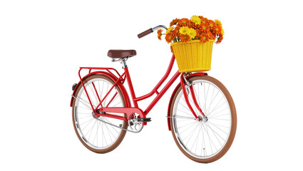 Vintage red bicycle with classic curved handlebars featuring a wicker basket overflowing with vibrant orange sunflowers, isolated on transparent background for springtime designs © Fernando