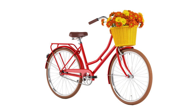 Vintage red bicycle with classic curved handlebars featuring a wicker basket overflowing with vibrant orange sunflowers, isolated on transparent background for springtime designs