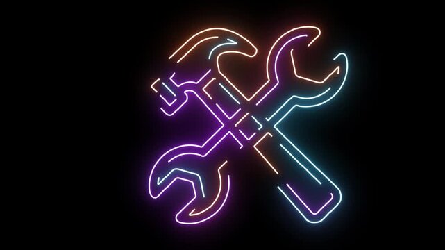 Neon crossed wrench and hammer icon with purple orange and blue glow tools repair
