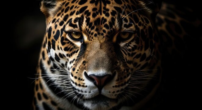 Jaguar Face Portrait, Intense Gaze, Dark Background, Wild Cat Close-up