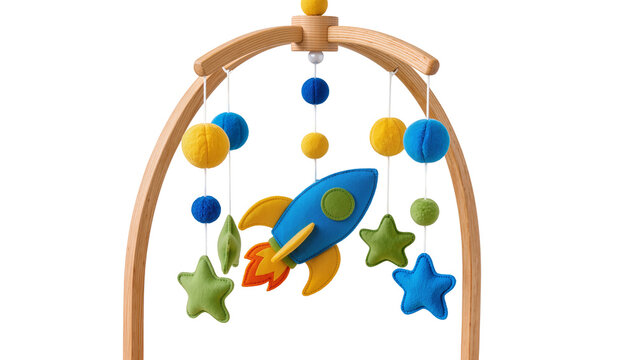 Wooden baby mobile featuring plush planets a rocket and felt stars all suspended from a curved frame, isolated on transparent background for nursery decor