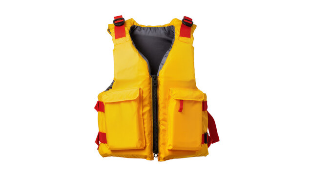 Bright yellow life vest with black shoulder panels and red pocket accents, isolated on transparent background for safety equipment displays