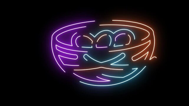 Neon outline of a frog face with purple orange and blue lights on black image photo