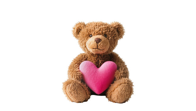 Fluffy brown teddy bear holding a bright pink heart shape, isolated on transparent background for Valentine s Day or love themes