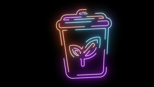 Neon Recycling Bin with Leaf Symbol on Black Background stock photo
