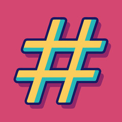 Obraz premium A vibrant yellow hashtag symbol with blue outlines and shadow on a bold pink background
