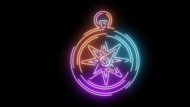 Neon Compass Rose Navigation Symbol On Black Background direction guidance