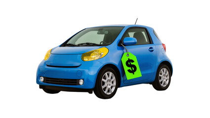 Fototapeta premium Bright blue compact city car with silver alloy wheels and a price tag, isolated on transparent background for automotive advertising and sales