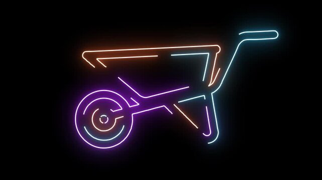 Neon wheelbarrow icon with purple blue and orange glow on black Background Keywords: wheelbarrow