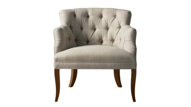 Elegant beige upholstered armchair with button tufting on the backrest featuring dark wooden tapered legs, isolated on transparent background for interior design
