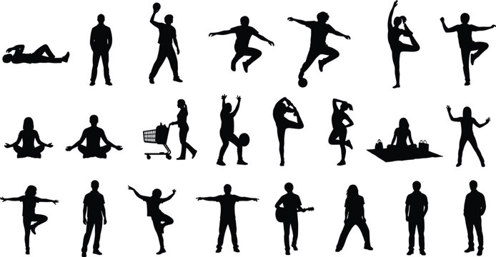 People silhouettes activity set, various poses sports yoga shopping music, human figures collection, lifestyle concept, black shadow illustration, isolated design