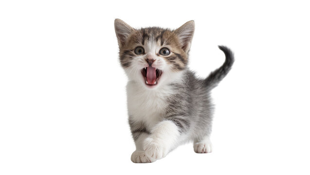 Playful tabby kitten with wide open mouth emitting a joyful meow, isolated on transparent background for playful animal concepts