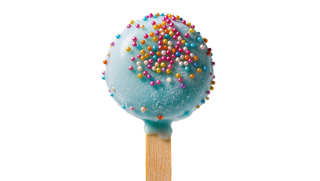 Teal cake pop with vibrant multicolored sprinkles elegantly perched on a wooden stick, isolated on transparent background for dessert promotions