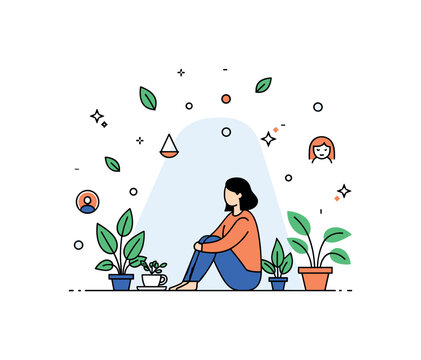 Mental health self-reflection space scene where a person sits quietly with plants and soft light while tiny sparkle and leaf icons highlight introspection,