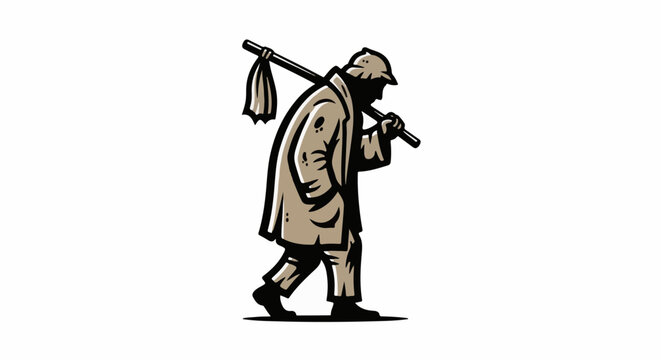 A stylized figure walks carrying a bundle on a stick