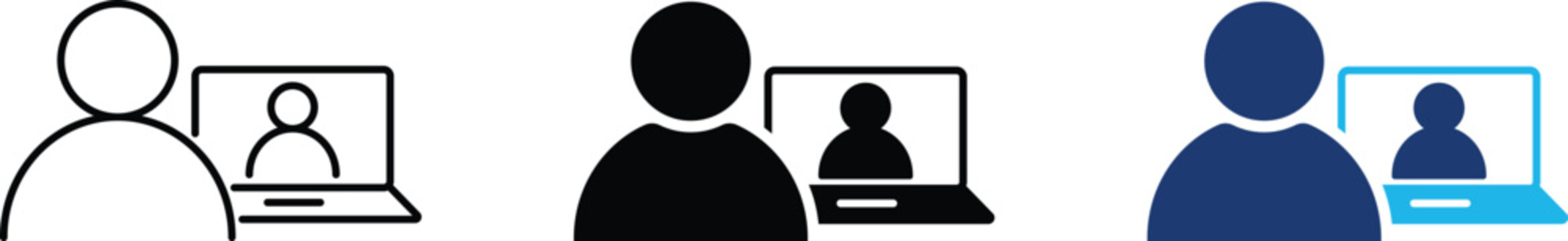 Online learning icon showing professional distance education with student and laptop interface. Professional illustration for virtual classrooms, remote training workshops, and e-learning platforms.