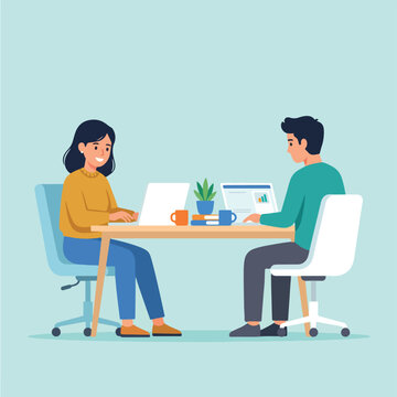 Adobe Stock ke liye is illustration ke Title aur Flat vector illustration of a man and woman working on laptops at a d