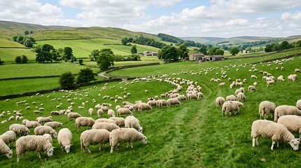 Fototapeta premium Herd of sheep grazing on lush green hillside under a cloudy sky landscape