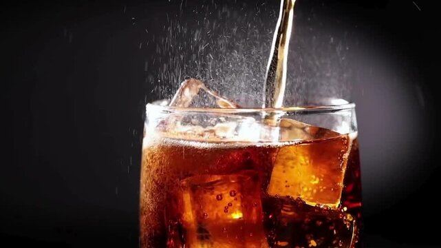 Glass of cola with ice cubes being poured with brown liquid on dark background