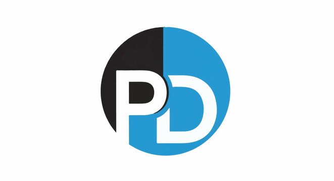A stylized circular logo featuring the letters P and D in white against a split black and blue background
