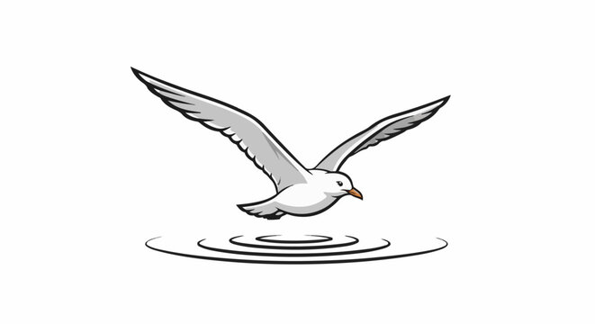 A white seagull with outstretched wings flies over ripples of water