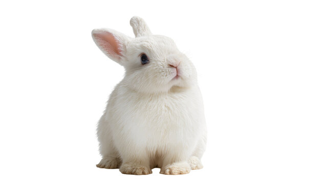 Fluffy baby rabbit with soft white fur and pink nose, attentively gazing upwards isolated on transparent background for cute animal designs