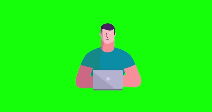 Animated man body front side scene laptop greenbox. Cartoon animation of businessman smiling working. Business explainer flat design people serie movie. Male with computer work scene video.