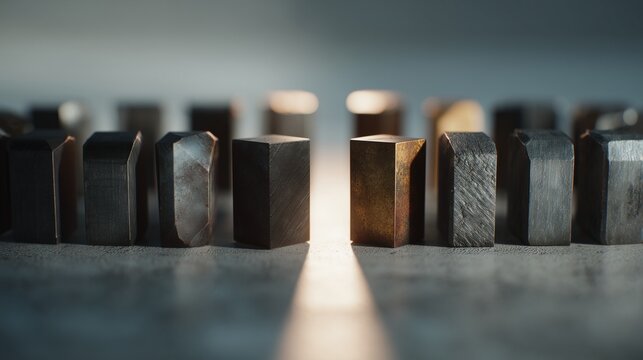 A narrow beam of light passes between two rows of metal type blocks, symbolizing a cultural shift breaking old pattern and illuminating new path.