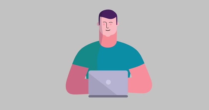 Animated man body front side scene laptop isolated. Cartoon animation of businessman smiling working. Business explainer flat design people serie movie. Male with computer work scene video.

