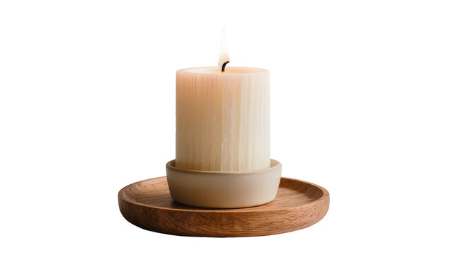 Tall ribbed beeswax candle burning gently emitting warm light within a ceramic holder, isolated on transparent background for decorative use