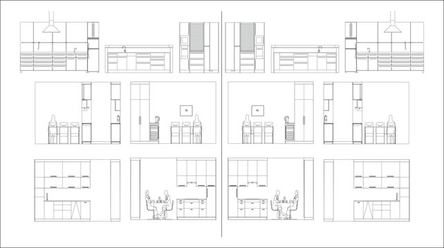 Modern kitchen elevation CAD drawing with cabinet layout, countertop and appliance arrangement for residential interior planning. Clean CAD-style vector illustration isolated on white background. EPS 