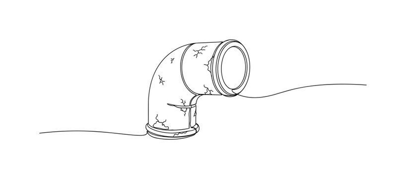 Aged Pipe. Minimalistic one-line drawing old metal pipe with rust and small cracks, continuous single black line on white background, simple outline style, no