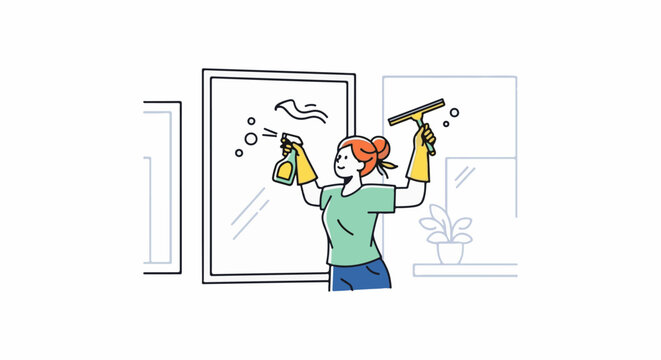 Person cleaning window with spray bottle and squeegee