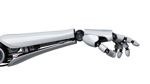 Advanced metallic robotic arm with articulated fingers showcasing intricate internal mechanisms, isolated on transparent background for futuristic technology