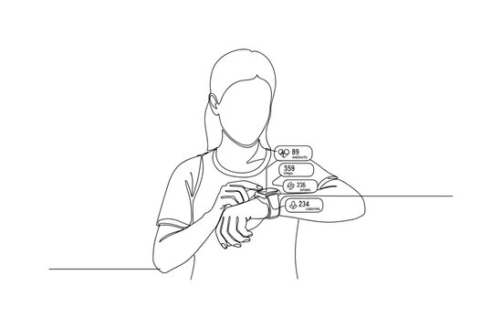 Digital Fitness. Minimalistic one-line drawing individual interacting with smartwatch showing activity metrics, continuous single black line on white