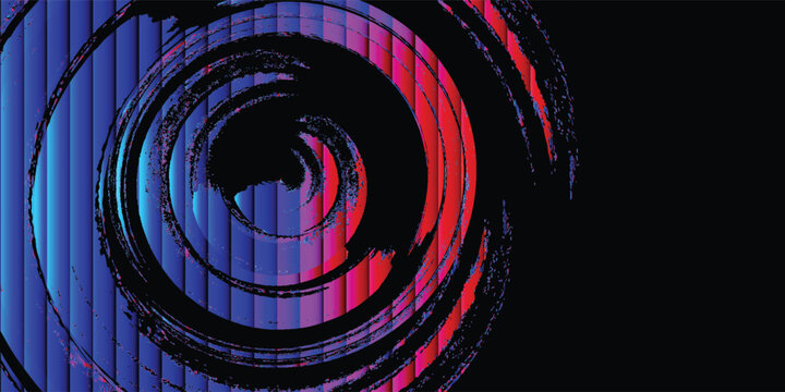 Abstract neon spiral design on a deep black background, Futuristic digital art style with glitch effects