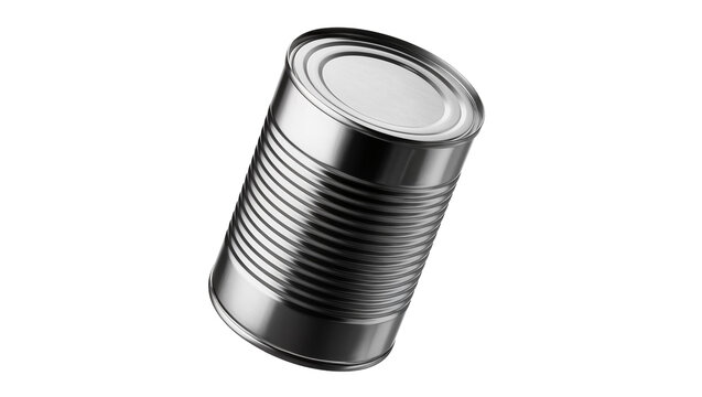 Shiny silver metal food can with a circular lid, perfectly angled and isolated on transparent background for product packaging designs