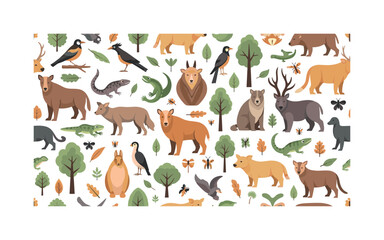 Fototapeta premium nature fauna patterns seamless pattern, repeating pattern, surface design, textile print, modern illustration of mammals, birds, reptiles, amphibians, insects,