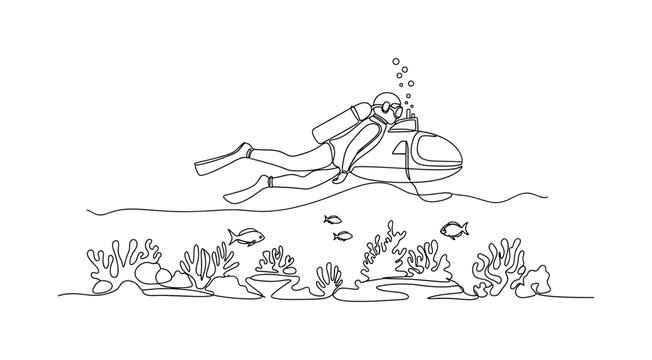 Ocean Floor Exploration. Minimalistic one-line drawing person or submarine gliding over seabed with coral and fish, continuous single black line on white