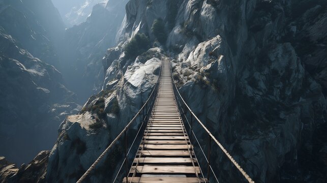 Suspended footbridge over a deep mountain gorge symbolizing risk assessment and hazard evaluation in high-stakes environment.