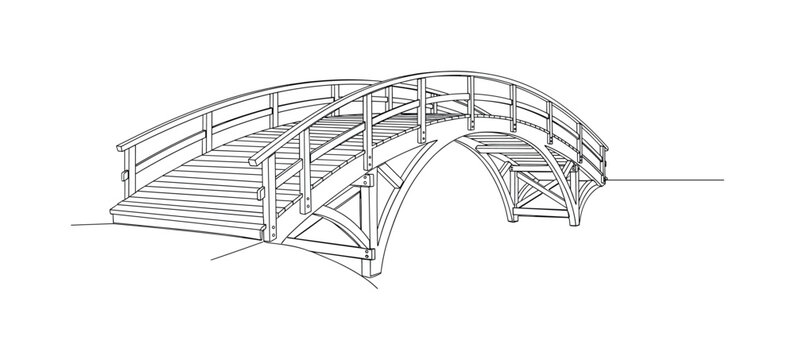 Timber Bridge. Minimalistic one-line drawing arched wooden bridge with visible planks and supports, continuous single black line on white background, simple
