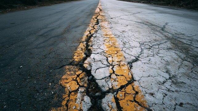 Cracked roadway with a fissure through a faded centerline symbolizing infrastructure risk and hazard assessment.